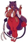  1girl animal_ear_piercing animal_ears badge black_sclera breasts button_badge colored_sclera curvy dark-skinned_female dark_skin demon_tail detached_sleeves double_v fingernails full_body hakama highres hip_vent huge_breasts japanese_clothes long_fingernails long_hair low-tied_long_hair masked_agent nontraditional_miko original pink_nails purple_eyes purple_hair ribbon sandals shide solo standing tail tail_ornament tail_ribbon thick_thighs thighs transparent_background v very_long_hair wide_hips 