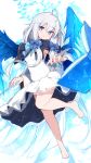  1girl aqua_eyes barefoot blue_bow blue_wings blush book bow e-note hair_bow hair_ornament highres long_hair looking_at_viewer low_twintails magic original simple_background solo twintails white_background white_hair wings 
