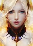  blonde_hair blue_eyes bodysuit eyelashes face headgear highres light_particles lips long_hair looking_at_viewer mercy_(overwatch) muju overwatch parted_lips photorealistic pink_lips portrait realistic revision shards solo turtleneck 