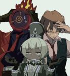  1boy 1girl 1other arms_up black_gloves black_shirt brown_hair charon_(project_moon) cigarette clock coat collared_shirt dante_(limbus_company) dress fire glasses gloves gregor_(project_moon) grey_dress grey_headwear hat highres limbus_company long_hair low_twintails meisenlcb necktie object_head project_moon red_coat red_necktie shako_cap shirt simple_background twintails very_long_hair white_background 