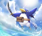  absurdres animal atlus bat_wings beak belt bird black_eyes blue_sky brown_bag brown_belt cloud cloudy_sky combat_knife day demon_wings disgaea drsouthpaws fish flippers highres holding holding_weapon horizon knife lens_flare machete mini_wings no_humans ocean outdoors peg_leg penguin prinny purple_wings sardine sky solo splashing sunlight water water_drop weapon wings 