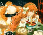  12anchovy 1girl baozi bow bowl brown_hairband chopsticks dreaming eating food hair_bow hairband highres holding holding_chopsticks ishmael_(project_moon) lattice limbus_company long_hair looking_at_viewer multiple_views orange_hair project_moon rope sidelocks very_long_hair white_bow 