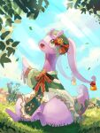  animal_focus bell blue_sky clothed_pokemon cloud colored_skin commentary_request goodra green_eyes highres leaf no_humans on_grass open_mouth pokemon pokemon_(creature) purple_skin rongai28 sky slime_(substance) sunlight tail 