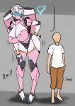 &lt;3 2023 5_fingers absurd_res arcee autobot blue_eyes blush bottomwear breasts clothing cybertronian fingers hasbro hi_res human humanoid lips living_machine machine mammal not_furry pants pink_body red_lips robot robot_humanoid shirt size_difference standing takara_tomy taller_female topwear transformers white_body zzvinniezz