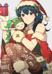  1girl bare_shoulders blue_eyes blue_hair byleth_(female)_(fire_emblem) byleth_(female)_(frosty_professor)_(fire_emblem) byleth_(fire_emblem) character_doll commentary_request feet_out_of_frame fire_emblem fire_emblem:_three_houses fire_emblem_heroes fur-trimmed_gloves fur_trim gloves grey_background hand_up hat highres long_hair looking_at_viewer off-shoulder_shirt off_shoulder pantyhose peach11_01 red_headwear santa_hat shirt short_sleeves simple_background sitting smile solo sothis_(fire_emblem) thighs white_gloves 