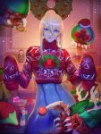  absurdres blob blonde_hair blue_eyes bodysuit christmas christmas_ornaments christmas_sweater highres lips long_hair metroid metroid_(creature) mole mole_under_mouth ponytail samus_aran skin_tight sleeves_past_wrists xuuikie_ashe zero_suit 