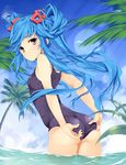  adjusting_clothes adjusting_swimsuit ass beatmania beatmania_iidx bemani black_swimsuit blue_hair cloud day hair_ornament hair_rings highres jubeat long_hair looking_at_viewer looking_back maud one-piece_swimsuit palm_tree red_eyes sky solo swimsuit tree tries twintails very_long_hair wading water 