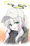  1girl blue_archive green_eyes green_jacket grey_hair halo hanozuku hare_(blue_archive) hare_(camp)_(blue_archive) hat hood hood_down hooded_jacket jacket long_hair looking_at_viewer open_clothes open_jacket open_mouth ponytail solo upper_body white_headwear 