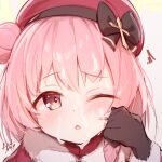  1girl artist_name beret black_gloves blue_archive blush bow close-up e-note gloves hair_bun hat looking_at_viewer medium_hair milk official_alternate_costume pink_eyes pink_hair serina_(blue_archive) serina_(christmas)_(blue_archive) teeth upper_teeth_only 