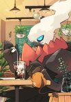  animal_focus blue_eyes bright_pupils ceiling_light chikafuji closed_eyes colored_skin commentary_request darkrai dedenne glass hanging_plant highres indoors no_humans oddish orange_skin plant pokemon pokemon_(creature) sitting tail whiskers 