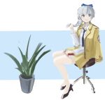  1girl absurdres black_footwear blue_background blue_bow book bow braid closed_mouth collared_shirt commentary dress_shirt full_body full_metal_panic! grey_eyes grey_hair hair_bow high_heels highres holding holding_hair jacket jacket_on_shoulders long_hair long_sleeves looking_at_viewer orval plant potted_plant shirt simple_background sitting skirt solo teletha_testarossa two-tone_background white_background white_shirt yellow_jacket yellow_skirt 