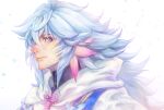  1boy black_shirt blue_hair closed_mouth falling_petals fate/grand_order fate_(series) hair_between_eyes hair_ornament highres hood hood_down hooded_robe kin_mokusei light_blue_hair light_smile long_hair looking_at_viewer looking_to_the_side merlin_(fate) petals portrait profile purple_eyes robe shirt solo turtleneck_shirt white_background white_robe 