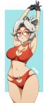  1girl absurdres alternate_costume artist_name bare_arms bare_legs bare_shoulders bikini black_gloves eyeshadow glasses gloves hair_ornament hair_stick headband highres kdtwifi makeup midriff navel purah red-framed_eyewear red_bikini red_eyes red_eyeshadow red_headband round_eyewear sheikah solo swimsuit the_legend_of_zelda the_legend_of_zelda:_tears_of_the_kingdom white_hair 