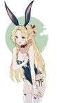  1girl animal_ears blonde_hair blush bow_legwear braid cuffs dungeon_meshi elf green_eyes highres long_hair looking_at_viewer marcille_donato open_mouth playboy_bunny pointy_ears rabbit_ears rabbit_tail siino simple_background solo tail thighhighs 