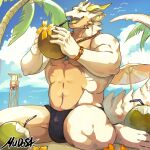  1boy animal_ears animal_feet artist_name bara beach beach_umbrella bird black_male_swimwear blue_background blue_sky bulge closed_eyes cloud cloudy_sky coconut_cup colored_tongue cup dragon_boy dragon_horns dragon_tail drinking_straw english_commentary flower full_body furry furry_male green_horns green_tongue hands_up highres holding holding_cup horns lifeguard_tower male_focus male_swimwear mudosa muscular muscular_male open_mouth orange_flower original outdoors palm_tree sand seagull sitting sky solo tail topless_male tree umbrella wariza 