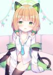  1girl animal_ear_headphones animal_ears averting_eyes black_panties black_thighhighs blonde_hair blue_archive blush bow breasts cat_ear_headphones cat_ears cat_tail collarbone commentary_request fake_animal_ears fake_tail green_bow green_eyes green_halo hair_bow halo headphones highres jacket long_sleeves looking_to_the_side low-tied_sidelocks medium_hair midori_(blue_archive) moeno_uni navel no_pants open_mouth panties partially_unbuttoned shirt sitting small_breasts solo tail thighhighs underwear white_jacket white_shirt 