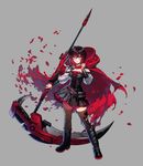  black_footwear boots cape corset crescent_rose dress ein_lee full_body long_sleeves official_art puffy_long_sleeves puffy_sleeves ruby_rose rwby scythe short_hair silver_eyes simple_background solo thighhighs vambraces weapon zettai_ryouiki 
