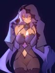  1girl bare_shoulders black_swan_(honkai:_star_rail) blue_background breasts clothing_cutout commentary_request cowboy_shot distr dress grey_eyes highres honkai:_star_rail honkai_(series) large_breasts long_hair looking_at_viewer navel navel_cutout purple_dress purple_hair simple_background smile solo standing veil 