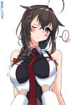  ... 1girl 1other ahoge black_hair black_shirt blue_eyes braid breasts commentary_request food gloves grabbing grabbing_another&#039;s_breast hair_flaps hair_over_shoulder highres kantai_collection large_breasts long_hair looking_at_viewer necktie one_eye_closed pov red_necktie shiba_(zudha) shigure_(kancolle) shigure_kai_san_(kancolle) shirt simple_background single_braid sleeveless sleeveless_shirt spoken_ellipsis twitter_username two-tone_shirt upper_body white_background white_gloves 