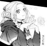  1girl braid capelet choker closed_mouth commentary copyright_name dungeon_meshi elf greyscale hair_over_shoulder hair_ribbon hands_up highres korean_commentary light_smile long_hair long_sleeves looking_at_viewer low_twin_braids marcille_donato monochrome multiple_views own_hands_together pointy_ears ribbon smile star_(symbol) steepled_fingers twin_braids upper_body yongsa_(y0ngs4) 