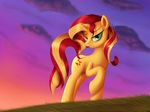  2017 cloud cutie_mark equestria_girls equine female feral fur grass green_eyes hair horn jeki looking_at_viewer mammal multicolored_hair my_little_pony orange_fur outside sky solo sunset_shimmer_(eg) two_tone_hair unicorn unicorn_horn 