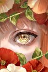  1girl absurdres asaki_illust chainsaw_man close-up eye_focus flower flower_request highres leaf looking_at_viewer makima_(chainsaw_man) pink_hair red_flower ringed_eyes solo split_crop white_flower yellow_eyes 