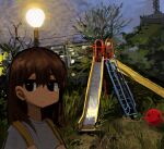  1girl backpack bag black_eyes blank_stare brown_hair city city_lights cloud highres kiiko_(uj0lvnbd5lbnuki) ladder lamppost looking_to_the_side night night_sky original outdoors playground scenery shirt sky slide smiley_face solo swing_set tree white_shirt 