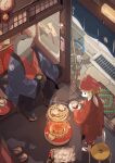  1boy 1girl bell blonde_hair blue_eyes blurry blurry_foreground booth_seating broom bucket chopsticks clock closed_eyes food from_above furry furry_female furry_male geta green_tea grill hair_bun haori highres japanese_clothes kimono mochi original plate red_headwear red_kimono sitting standing tabi tea tongs tray unworn_footwear uoura_nakamichi 