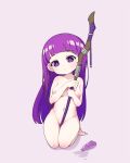  1girl :o barefoot breasts chibi completely_nude feet fern_(sousou_no_frieren) groin highres holding holding_staff l.eleven large_breasts long_hair looking_at_viewer nipples nude potion purple_background purple_eyes purple_hair sagging_breasts seiza simple_background sitting solo sousou_no_frieren staff wooden_staff 