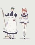  2girls apron black_dress black_footwear bow breasts buttons cake cake_slice dress emiya_shirou fate/stay_night fate_(series) food frilled_dress frills garter_straps genderswap genderswap_(mtf) getter_robo gou_saotome green_hair hanahiyo_(hoimin) highres holding holding_mop holding_tray large_breasts long_dress looking_at_another looking_down maid maid_apron maid_headdress medium_hair mop multiple_girls neck_ribbon orange_hair plate red_eyes red_ribbon ribbon shin_getter_robo short_dress short_hair simple_background small_breasts thighhighs tray waist_bow white_apron white_background white_soccer_ball white_thighhighs white_wrist_cuffs wrist_cuffs yellow_eyes 