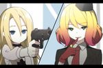  anime_coloring black_hat blonde_hair blue_eyes cathy_(satsuriku_no_tenshi) closed_mouth collar empty_eyes fake_screenshot finger_on_trigger finger_to_mouth formal garrison_cap gloves gradient_hair green_eyes gun hair_between_eyes half-closed_eyes hat holding holding_gun holding_weapon jewelry letterboxed mini_hat multicolored_hair multiple_girls necktie parted_lips rachel_gardner red_gloves red_hair red_neckwear ring satsuriku_no_tenshi short_hair sky_(freedom) suit upper_body weapon 