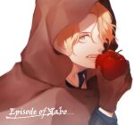  apple blonde_hair blue_shirt brown_cape brown_gloves cape close-up eating food fruit gloves hood hooded_cape looking_at_viewer one_piece sabo_(one_piece) shirt simple_background white_background 