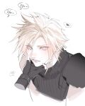  1boy 1girl armor black_gloves black_sweater blonde_hair blue_eyes bracelet closed_mouth cloud_strife commentary duoj_ji english_commentary final_fantasy final_fantasy_vii final_fantasy_vii_rebirth final_fantasy_vii_remake fingerless_gloves gloves hand_on_another&#039;s_face heart highres jewelry light_blush looking_at_another out_of_frame short_hair shoulder_armor single_bare_shoulder sleeveless sleeveless_turtleneck speech_bubble spiked_hair spoken_heart spoken_squiggle squiggle sweater tifa_lockhart turtleneck turtleneck_sweater twitter_username upper_body white_background 