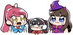  3: 3girls :3 bkub black_hair blue_eyes bow brown_hair chibi closed_mouth cropped_torso crying crying_with_eyes_open demon_horns fang frown gaaruru_(pripara) hair_bow hat headphones horns idol_clothes kurosu_aroma long_hair looking_at_another mini_hat mini_witch_hat multiple_girls open_mouth ponytail pretty_series pripara purple_horns red_bow red_hair shiratama_mikan sidelocks simple_background smile tears twintails upper_body white_background witch_hat yellow_eyes 