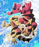  &gt;_&lt; black_claws black_sclera black_stripes cellulo claws closed_eyes colored_sclera colored_skin crocodilian evolutionary_line fangs fangs_out grey_eyes highres krokorok krookodile no_humans pokemon pokemon_(creature) red_skin sandile spikes spines 