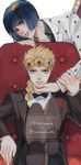  black_hair blonde_hair blue_eyes blurry bob_cut bow bowtie braid bruno_buccellati chair crossed_legs depth_of_field flower foreshortening giorno_giovanna hair_ornament hairclip highres jewelry jojo_no_kimyou_na_bouken male_focus multiple_boys pkynocardia ring rose single_braid sitting thumb_ring tuxedo vento_aureo 