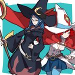  belt blue_hair breasts cape choker cleavage cloak dual_persona glasses hand_on_hip hat highres little_witch_academia long_hair makai medium_breasts multiple_girls red_eyes red_hair rimless_eyewear shiny_chariot short_hair sketch small_breasts smile staff thighhighs ursula_charistes witch witch_hat 