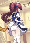  1girl absurdres ass blush breasts brown_eyes brown_hair cameltoe clothes_lift hanazono_yurine highres indoors jashin-chan_dropkick lifted_by_another long_hair looking_back maid maid_headdress open_mouth panties pantyshot skirt skirt_flip skirt_lift small_breasts thighhighs twintails underwear waitress white_panties white_thighhighs ydayluca 
