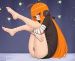  1girl ahoge ass barefoot behind-the-head_headphones black_shirt blush closed_mouth curtains full_body glasses headphones knees_up kuroonehalf legs_up long_hair orange_hair persona persona_5 purple_eyes sakura_futaba shirt sitting smile soles solo star_(symbol) star_print striped_sleeves thighs very_long_hair 