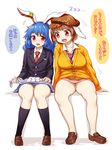  :d animal_ears bare_legs blazer blue_hair blue_skirt blush braid breasts brown_hair bunny_ears cardigan commentary dango drooling dumpling ear_clip flat_cap floppy_ears food hat highres itou_yuuji jacket kneehighs large_breasts loafers loose_necktie miniskirt multiple_girls necktie no_socks open_mouth orange_shirt pink_skirt pleated_skirt plump red_eyes ringo_(touhou) saliva school_uniform seiran_(touhou) shirt shoes sitting skirt smile thick_thighs thighs touhou translated twin_braids vest wagashi 