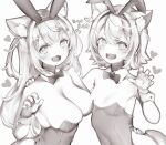  2girls :d alternate_costume animal_ear_fluff animal_ears bandaid bandaid_hair_ornament bare_arms bare_shoulders bow bowtie breasts claw_pose detached_collar dog_ears dog_girl dot_nose fake_animal_ears fangs fuwawa_abyssgard hair_between_eyes hair_ornament hairband hairclip hand_on_another&#039;s_shoulder hand_on_another&#039;s_waist heart highres hololive hololive_english large_breasts leotard long_hair looking_at_viewer mococo_abyssgard multiple_girls nanashi_(nlo) open_mouth playboy_bunny rabbit_ears short_hair simple_background small_breasts smile strapless strapless_leotard two_side_up upper_body virtual_youtuber wrist_cuffs x_hair_ornament 