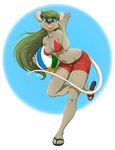  2017 anthro ball beach_ball bikini bikini_top black_nose blue_eyes breasts cleavage clothed clothing female flip_flops footwear green_hair hair hi_res hobbsmeerkat katie_(t-kay) long_hair looking_at_viewer mammal mouse rodent shorts solo swimsuit tongue tongue_out 