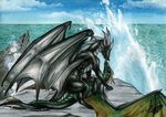  2014 black_skin claws day detailed_background dragon duo feral horn lying membranous_wings natoli nude outside sky spines tongue traditional_media_(artwork) water wings 