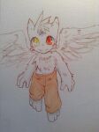 2014 3_eyes anthro barefoot blue_eyes bottomwear brown_bottomwear brown_clothing brown_pants chest_tuft clothed clothing feathered_wings feathers feet fur hair heterochromia kemono kemorau male mammal marker_(artwork) multi_eye pants pants_only red_eyes smile solo topless traditional_media_(artwork) tuft white_body white_feathers white_fur white_wings wings yellow_eyes