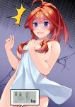  1girl @_@ absurdres ahoge atelier_z44 blue_eyes blush breasts censored completely_nude covering_privates go-toubun_no_hanayome hair_censor hands_up highres holding holding_towel large_breasts long_hair mosaic_censoring nakano_itsuki nude nude_cover open_mouth red_hair shaded_face solo towel wavy_mouth weighing_scale weight_conscious white_towel 