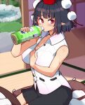  1girl bare_shoulders black_hair black_ribbon black_skirt blush book bottle bra_strap breasts collared_shirt commentary_request cushion day drinking hand_on_own_chest hat highres himeshita_johnny_mafuyu holding holding_bottle indoors large_breasts open_book pleated_skirt pointy_ears pom_pom_(clothes) red_eyes red_headwear ribbon ribbon-trimmed_shirt seiza shameimaru_aya shirt short_hair shouji sideways_glance sitting skirt sleeveless sleeveless_shirt sliding_doors socks solo table tokin_hat touhou white_shirt white_socks zabuton 