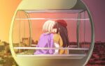  2girls absurdres alternate_costume beret black_hair blonde_hair bob_cut casual commentary_request evening ferris_wheel from_behind hair_over_eyes hat highres hood hood_down hoodie inoue_takina kage_ochi kiss layered_clothes long_hair lycoris_recoil multiple_girls nishikigi_chisato no_eyes outdoors pink_hoodie profile red_headwear shirt short_hair upper_body white_shirt yellow_shirt yuri 