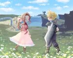  1boy 1girl aerith_gainsborough armor baggy_pants bangle black_footwear blonde_hair blue_eyes blue_pants blue_shirt bluelimbo8888 boots bracelet braid braided_ponytail brown_footwear brown_hair buster_sword closed_eyes cloud_strife cropped_jacket dress field final_fantasy final_fantasy_vii final_fantasy_vii_rebirth flower flower_field hair_ribbon jacket jewelry long_dress long_hair looking_at_another materia nature open_mouth outdoors pants parted_bangs pink_dress pink_ribbon puffy_short_sleeves puffy_sleeves red_jacket ribbon shirt short_hair short_sleeves shoulder_armor sidelocks single_braid sleeveless sleeveless_turtleneck smile spiked_hair turtleneck walking wavy_hair weapon weapon_on_back 
