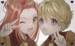  2girls blonde_hair chocolat_meilleure close-up commentary_request earrings fangs green_eyes hair_ornament heart heart_hair_ornament highres jewelry kumagai_yuka long_hair looking_at_viewer multiple_girls one_eye_closed orange_hair purple_eyes school_uniform short_hair simple_background smile sugar_sugar_rune v vanilla_mieux 