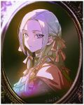  1girl ascot border bow cape commentary dated edelgard_von_hresvelg english_commentary fire_emblem fire_emblem:_three_houses frown grey_hair grey_shirt hair_bow haun long_hair looking_at_viewer parted_bangs picture_frame portrait purple_eyes red_bow red_cape shirt solo upper_body 